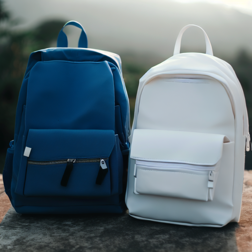 blue backback and white backpack